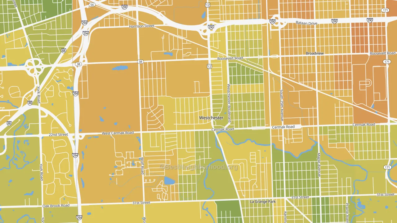 Map of the best neighborhoods in the Westchester area, with better matches in green and worse matches in red