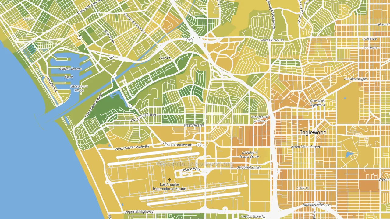 Map of the best neighborhoods in the Westchester, Los Angeles area, with better matches in green and worse matches in red