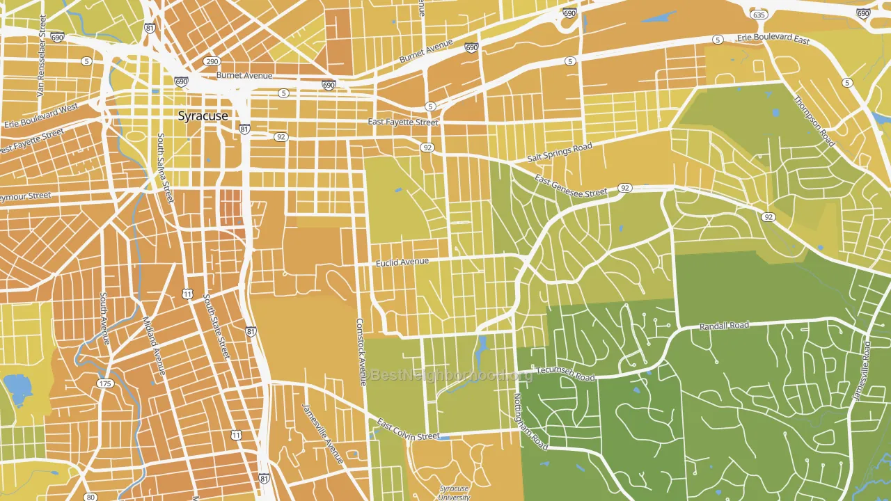 Map of the best neighborhoods in the Westcott, Syracuse area, with better matches in green and worse matches in red