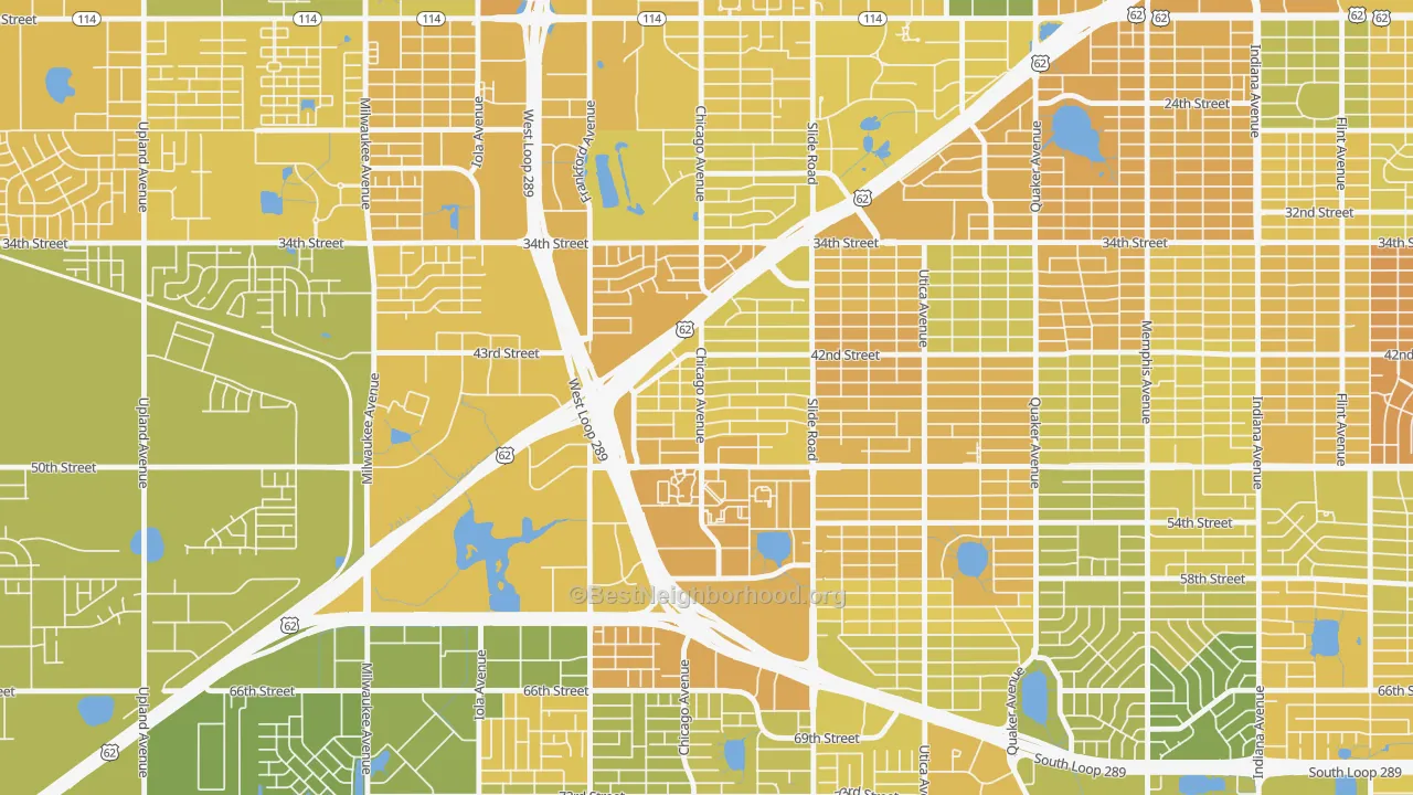 Map of the best neighborhoods in the Wester, Lubbock area, with better matches in green and worse matches in red