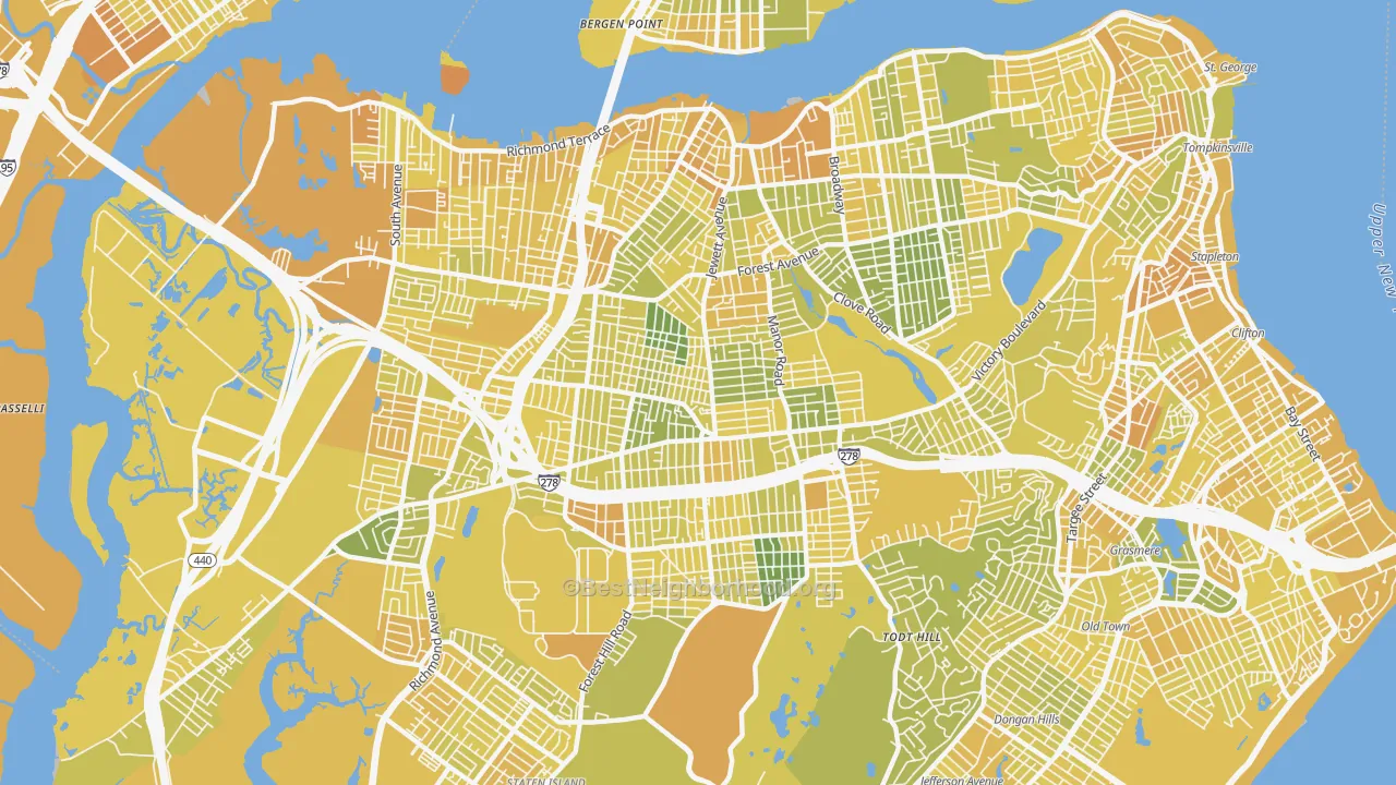 Map of the best neighborhoods in the Westerleigh-Castleton, Staten Island area, with better matches in green and worse matches in red