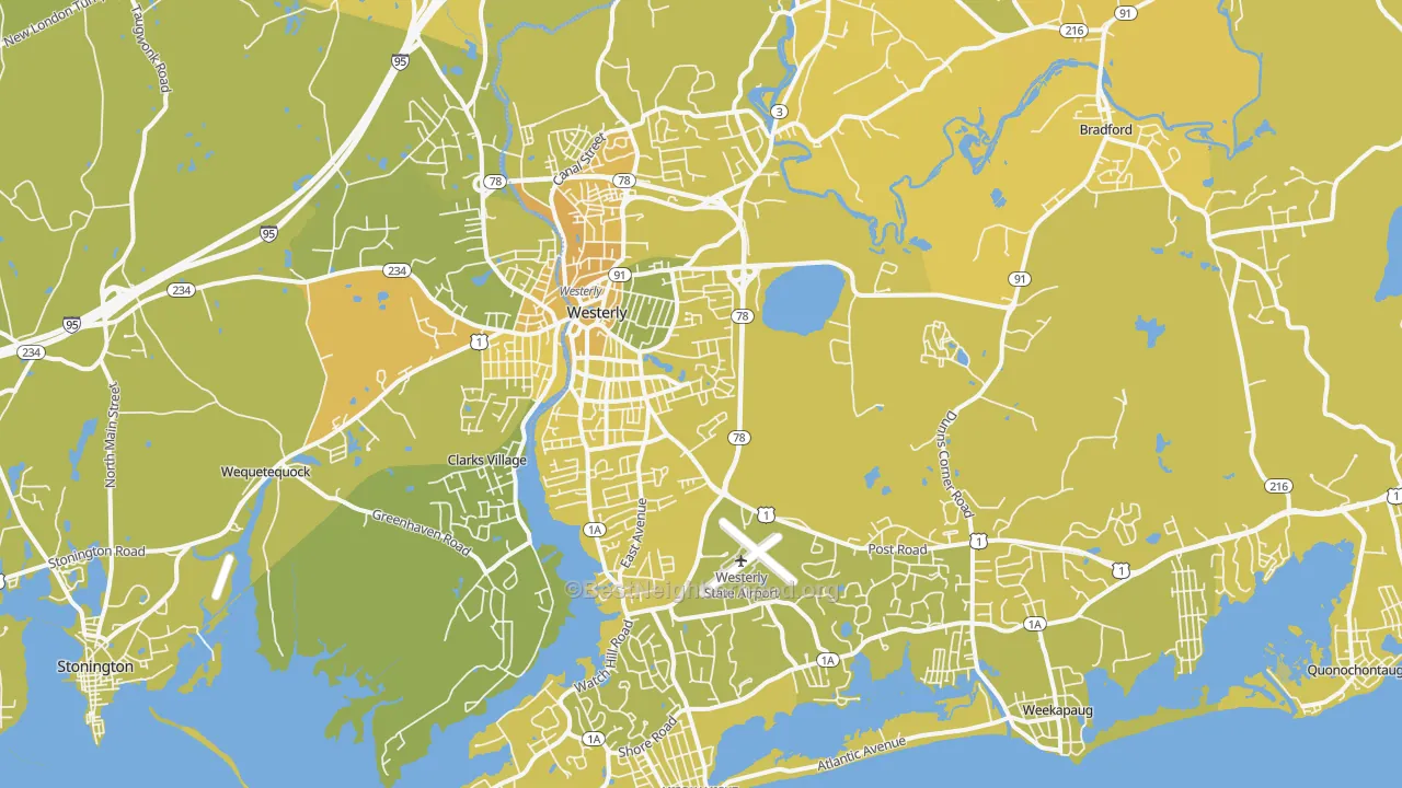 Map of the best neighborhoods in the Westerly area, with better matches in green and worse matches in red