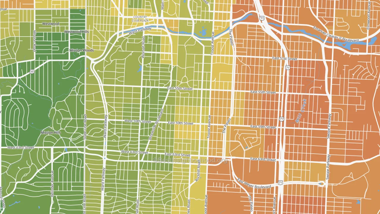 Map of the best neighborhoods in the Western 49-63, Kansas City area, with better matches in green and worse matches in red