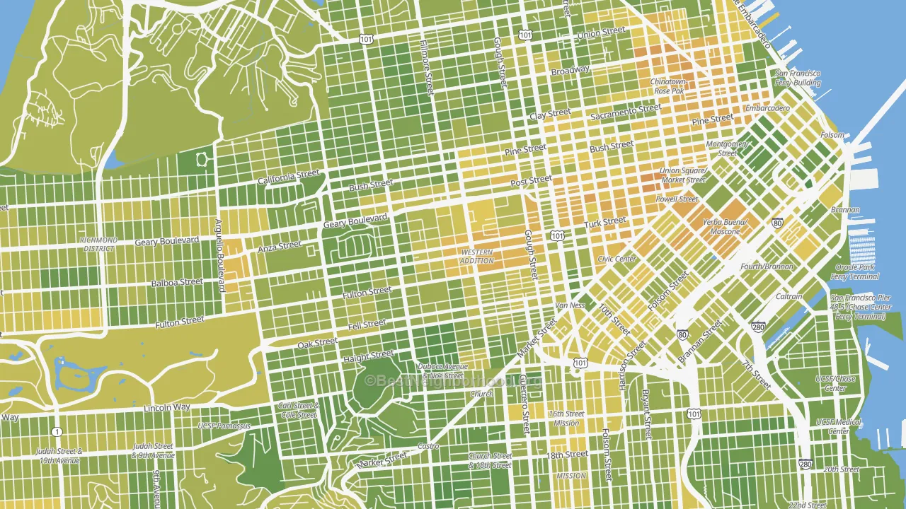 Map of the best neighborhoods in the Western Addition, San Francisco area, with better matches in green and worse matches in red