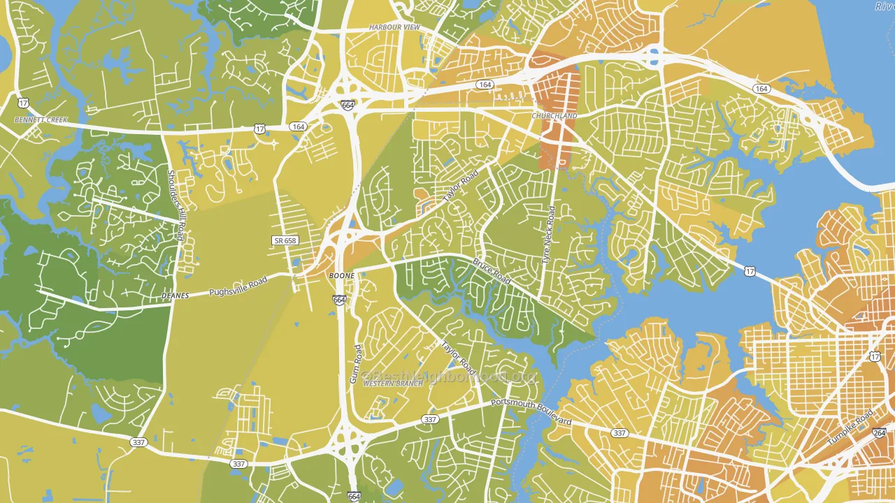Map of the best neighborhoods in the Western Branch North, Chesapeake area, with better matches in green and worse matches in red