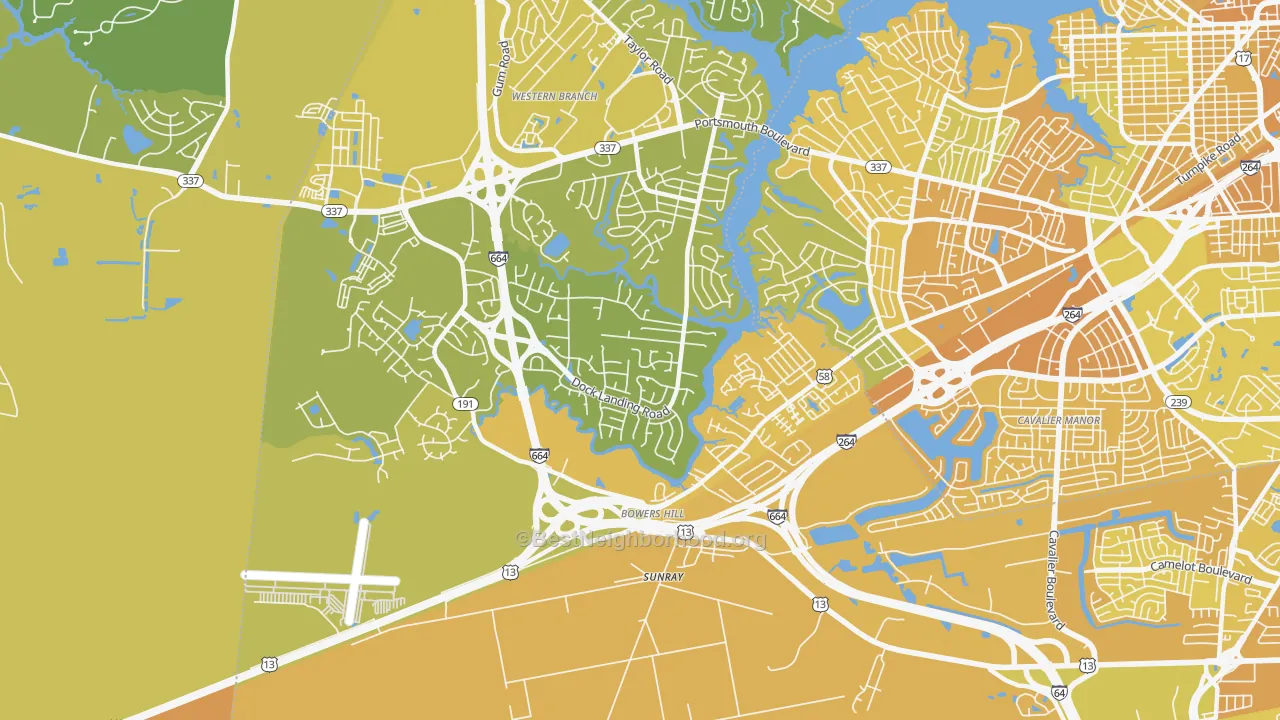 Map of the best neighborhoods in the Western Branch South, Chesapeake area, with better matches in green and worse matches in red