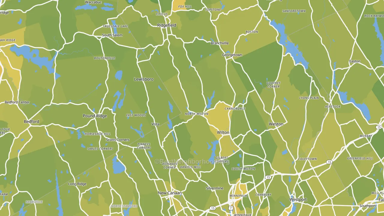Map of the best neighborhoods in the Western Connecticut Planning Region area, with better matches in green and worse matches in red