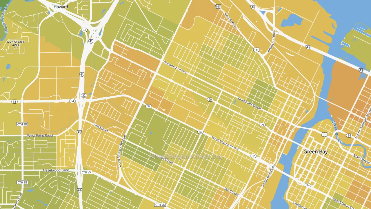 Map of the best neighborhoods in the Western Corridor, Green Bay area, with better matches in green and worse matches in red