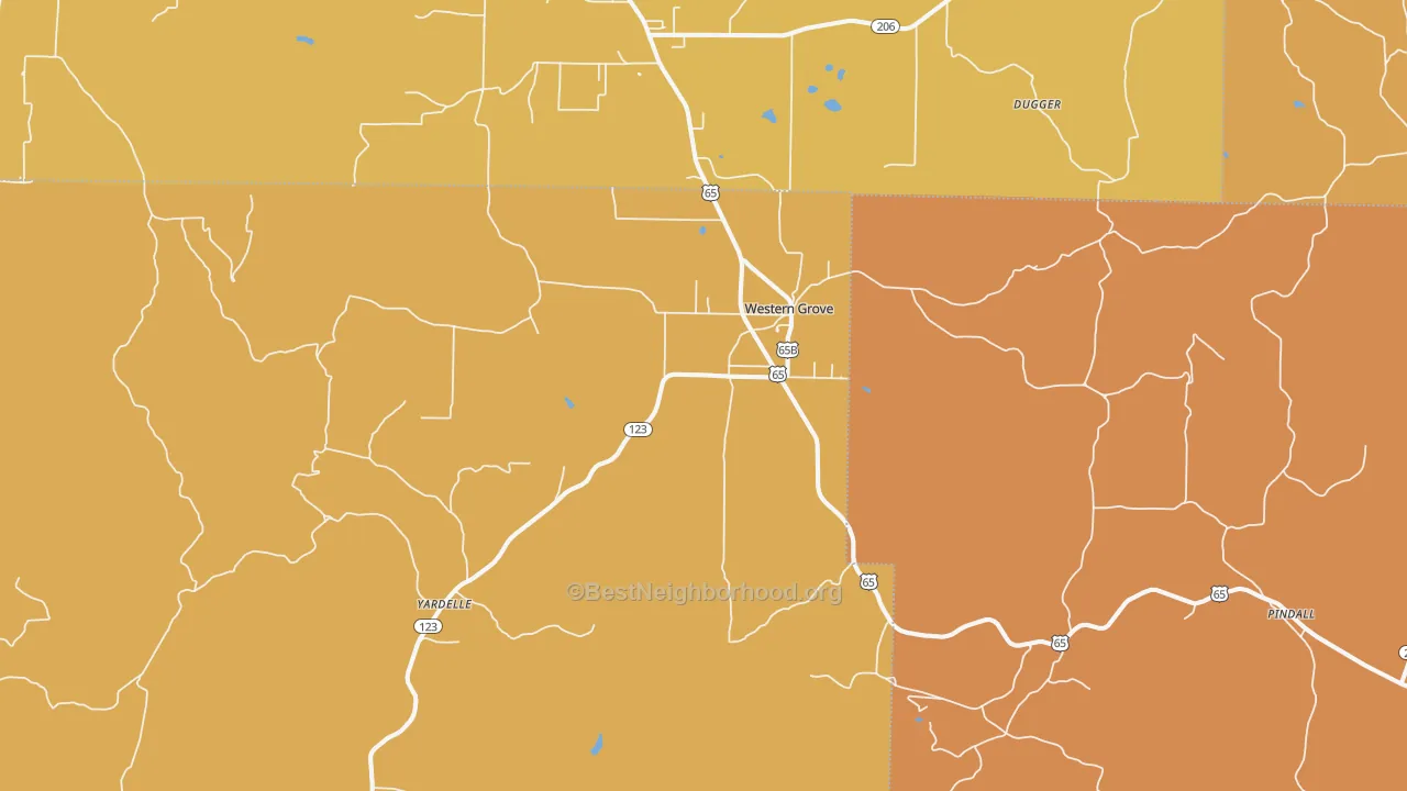 Map of the best neighborhoods in the Western Grove area, with better matches in green and worse matches in red