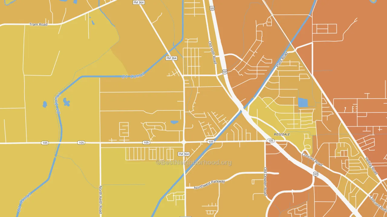 Map of the best neighborhoods in the Western Hills, Beaumont area, with better matches in green and worse matches in red