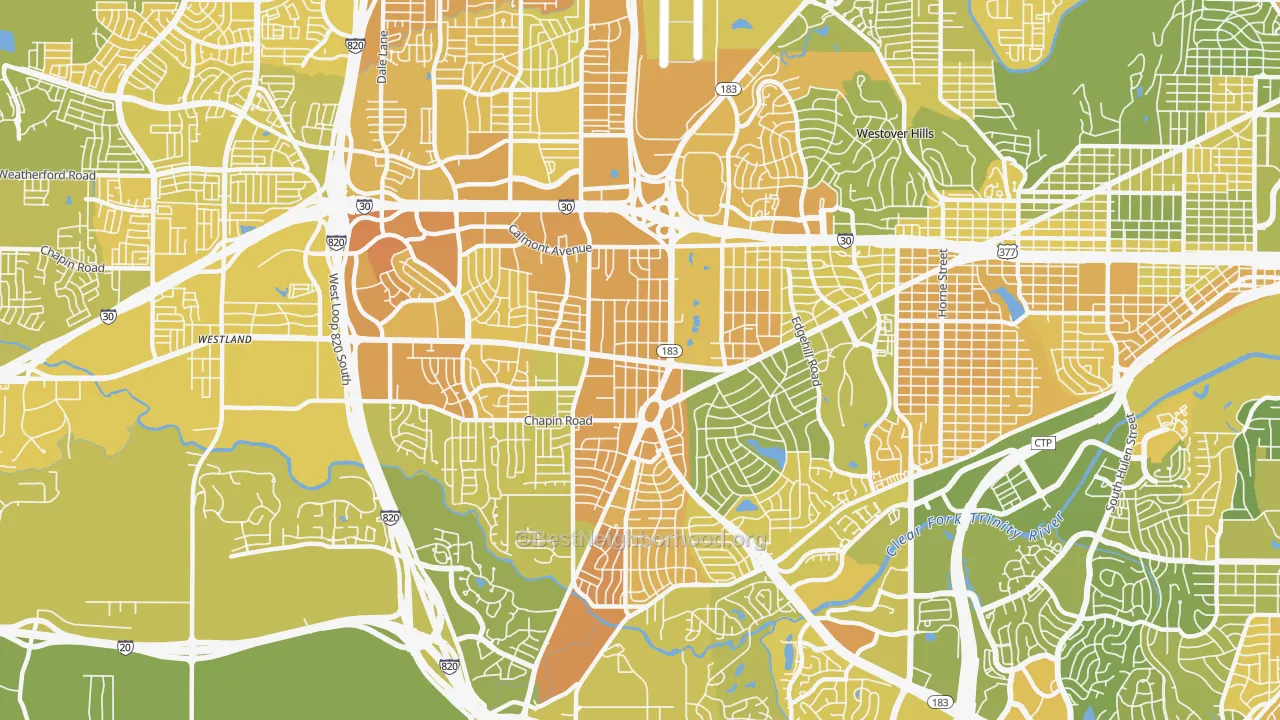 Map of the best neighborhoods in the Western Hills Fort Worth, Fort Worth area, with better matches in green and worse matches in red