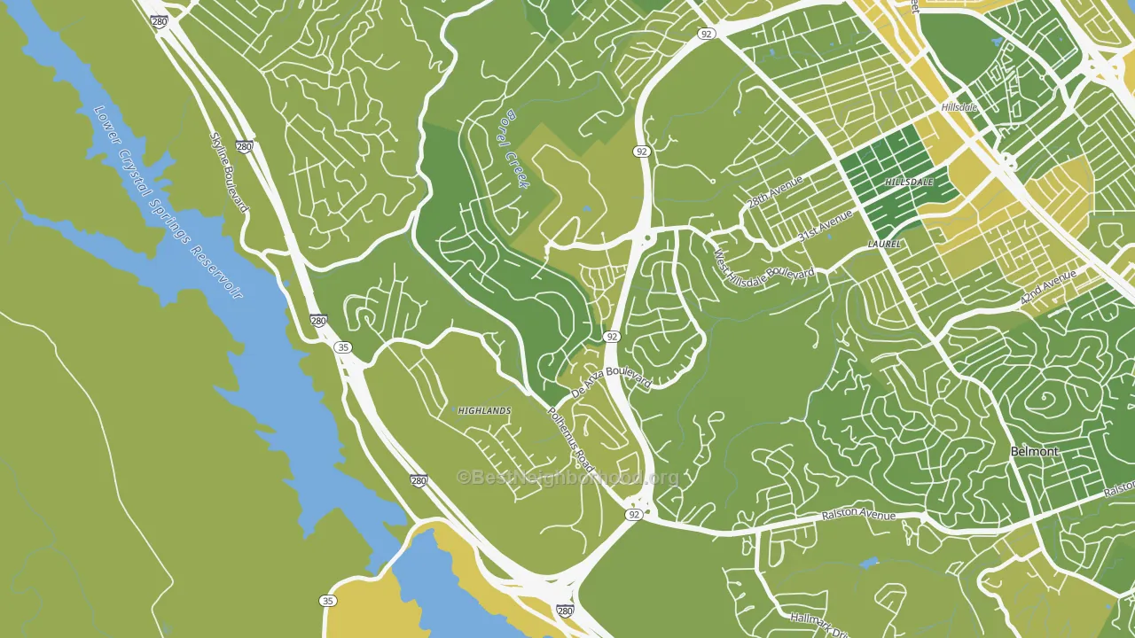 Map of the best neighborhoods in the Western Hills, San Mateo area, with better matches in green and worse matches in red