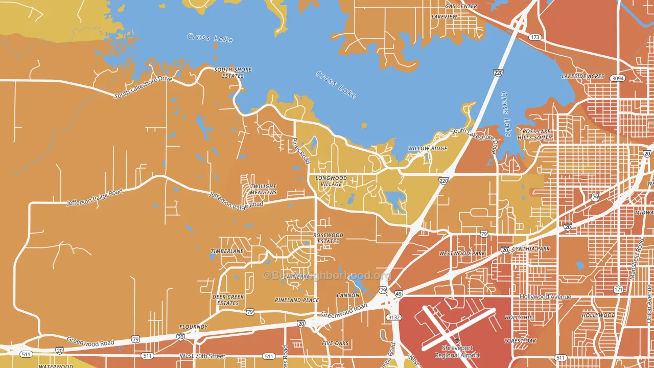 Map of the best neighborhoods in the Western Hills Yarborough, Shreveport area, with better matches in green and worse matches in red