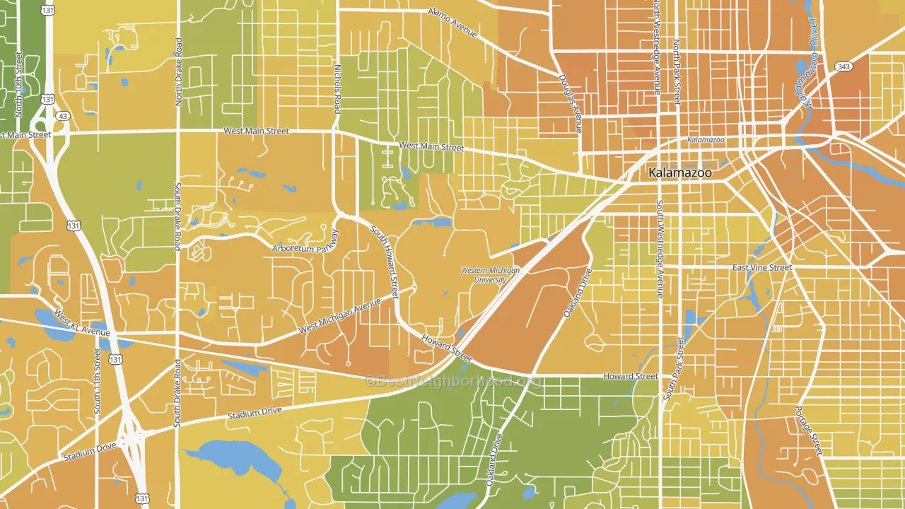 Map of the best neighborhoods in the Western Michigan University-KRPH, Kalamazoo area, with better matches in green and worse matches in red