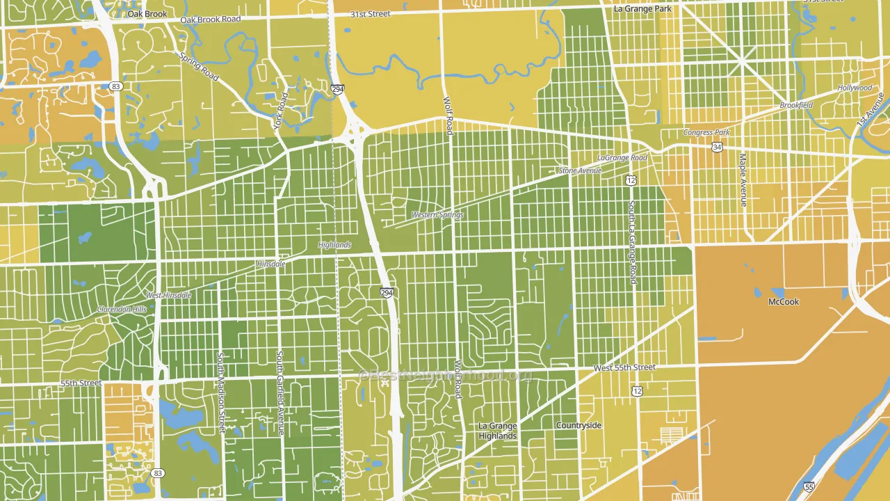 Map of the best neighborhoods in the Western Springs area, with better matches in green and worse matches in red