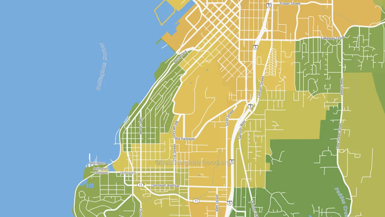 Map of the best neighborhoods in the Western Washington University, Bellingham area, with better matches in green and worse matches in red