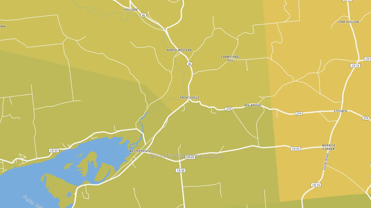 Map of the best neighborhoods in the Westernville area, with better matches in green and worse matches in red