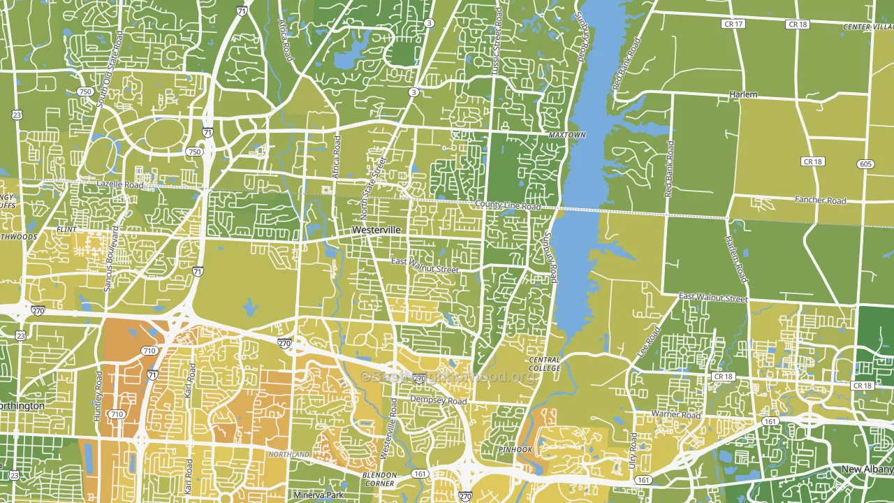 Map of the best neighborhoods in the Westerville area, with better matches in green and worse matches in red