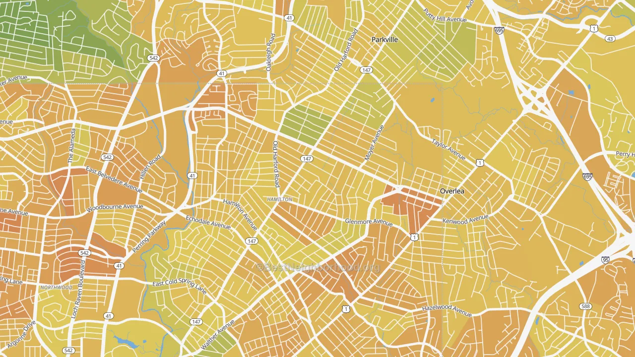 Map of the best neighborhoods in the Westfield, Baltimore area, with better matches in green and worse matches in red
