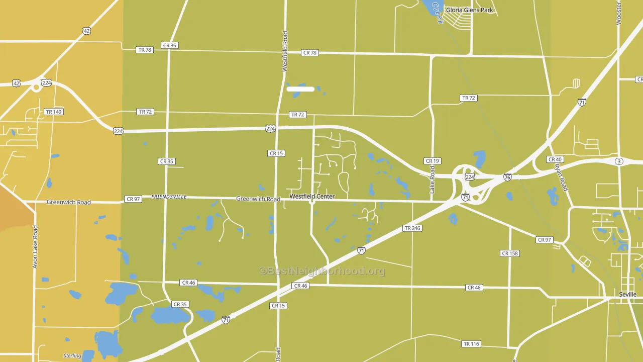 Map of the best neighborhoods in the Westfield Center area, with better matches in green and worse matches in red
