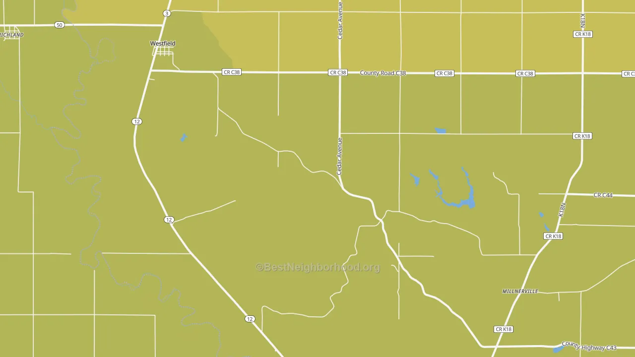 Map of the best neighborhoods in the Westfield area, with better matches in green and worse matches in red