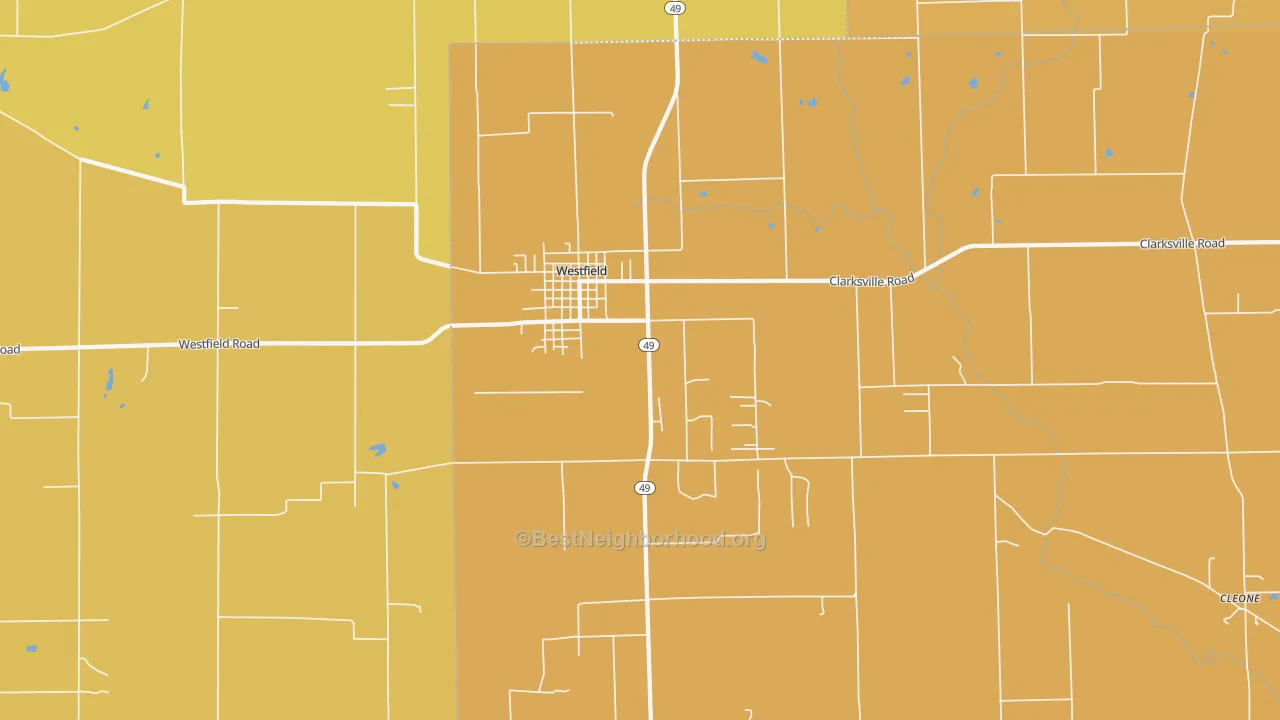 Map of the best neighborhoods in the Westfield area, with better matches in green and worse matches in red