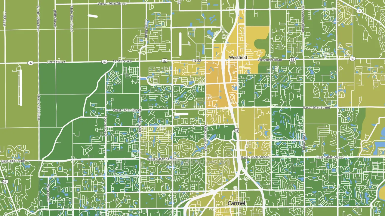 Map of the best neighborhoods in the Westfield area, with better matches in green and worse matches in red