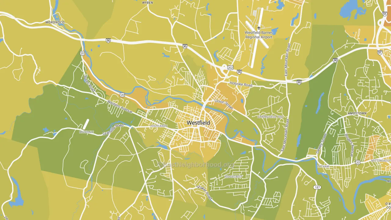 Map of the best neighborhoods in the Westfield area, with better matches in green and worse matches in red