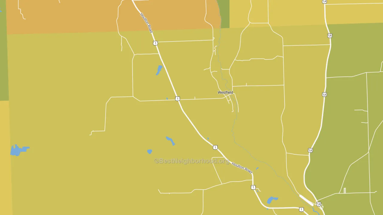 Map of the best neighborhoods in the Westfield area, with better matches in green and worse matches in red