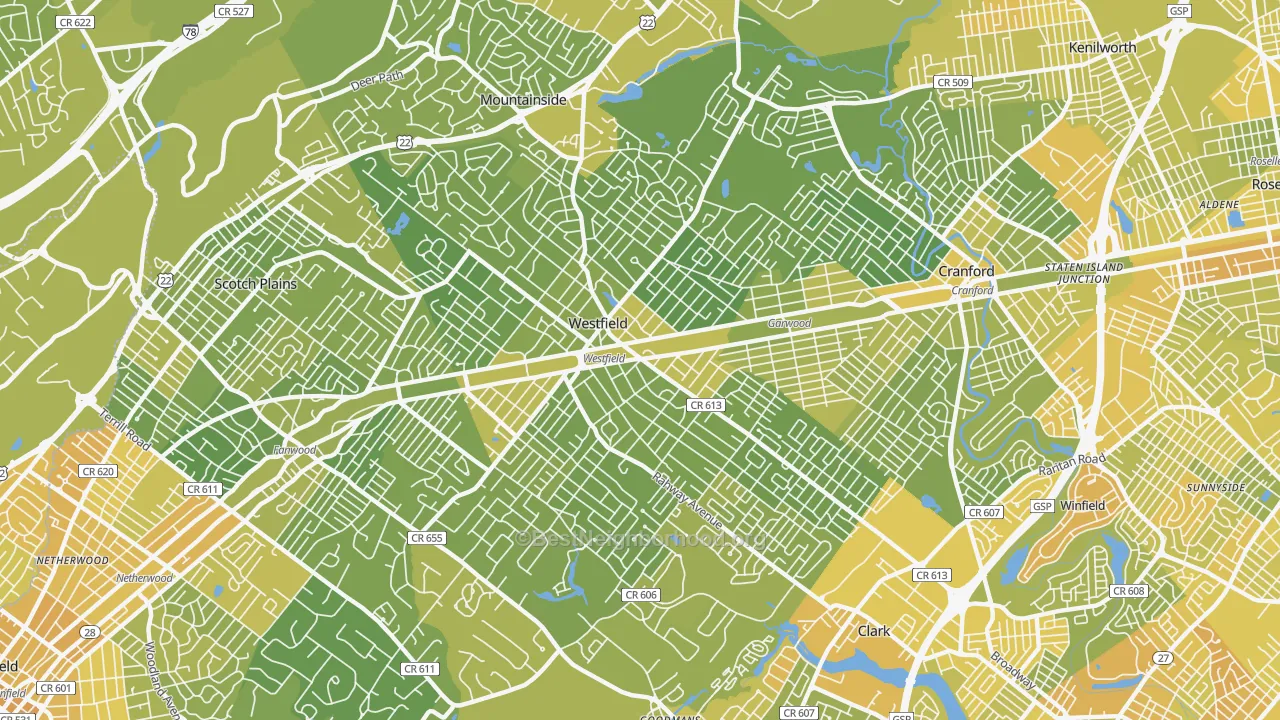 Map of the best neighborhoods in the Westfield area, with better matches in green and worse matches in red