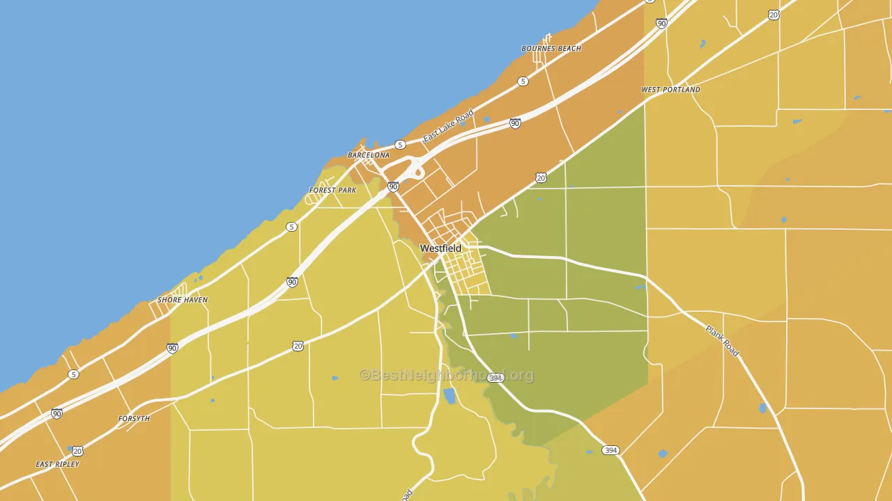 Map of the best neighborhoods in the Westfield area, with better matches in green and worse matches in red