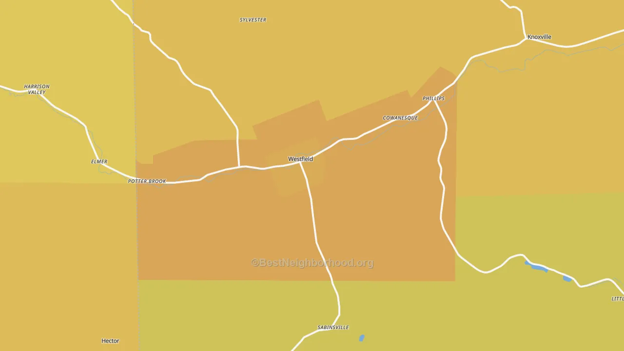 Map of the best neighborhoods in the Westfield area, with better matches in green and worse matches in red