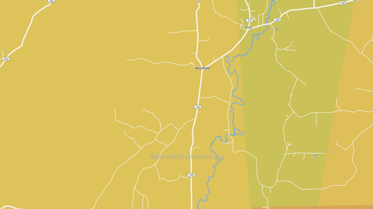 Map of the best neighborhoods in the Westfield area, with better matches in green and worse matches in red