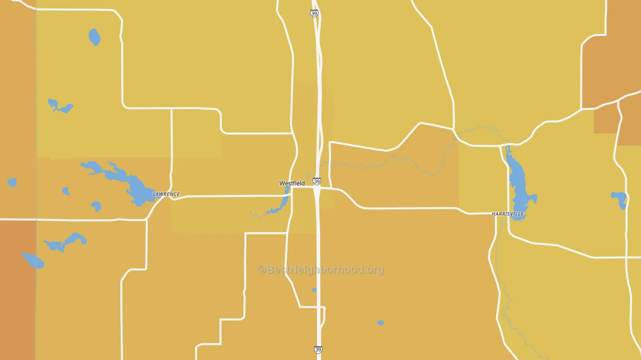 Map of the best neighborhoods in the Westfield area, with better matches in green and worse matches in red