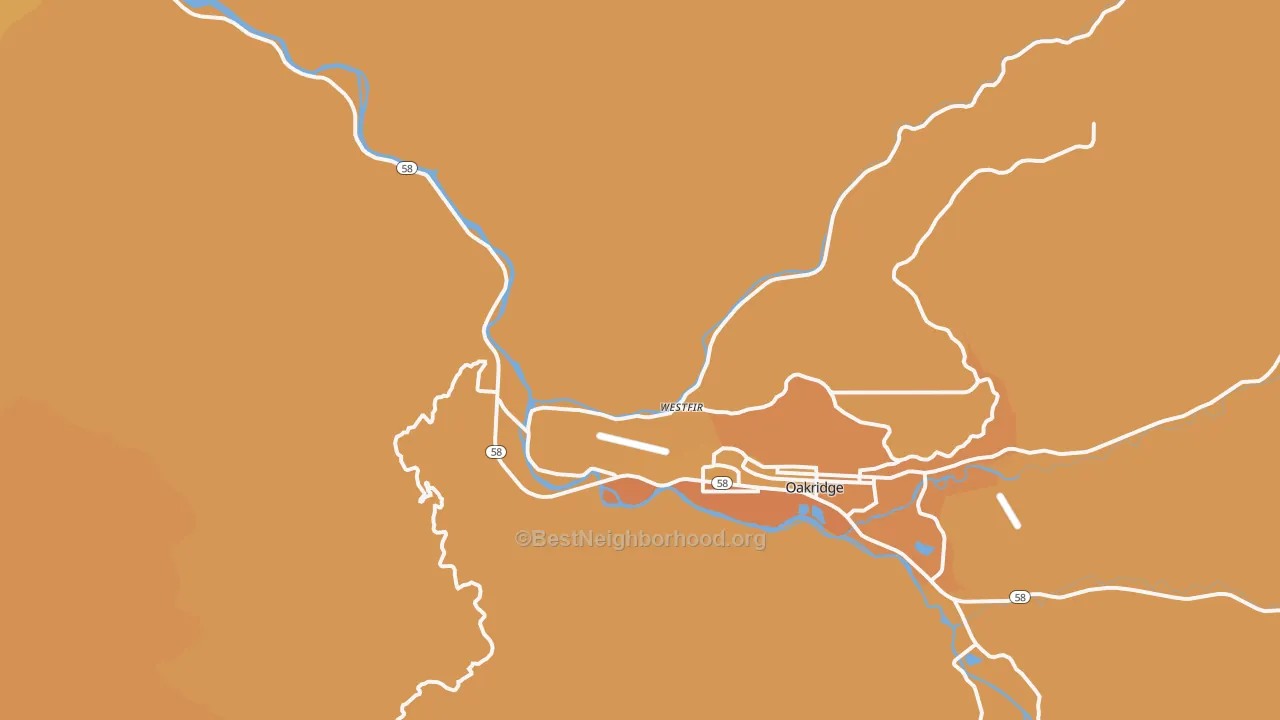 Map of the best neighborhoods in the Westfir area, with better matches in green and worse matches in red