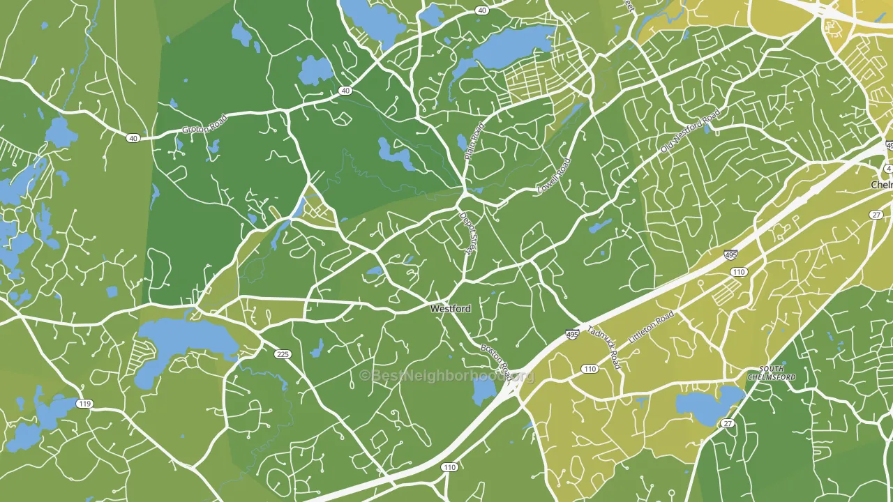 Map of the best neighborhoods in the Westford area, with better matches in green and worse matches in red