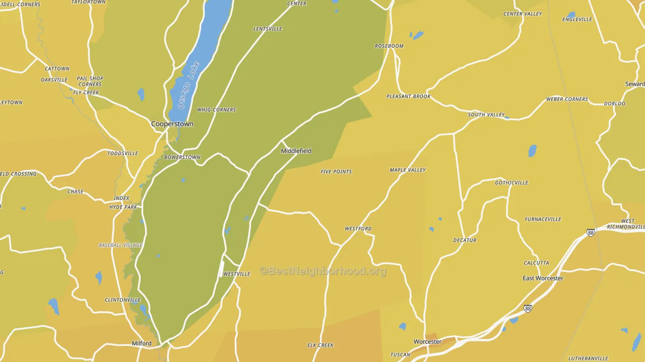 Map of the best neighborhoods in the Westford area, with better matches in green and worse matches in red