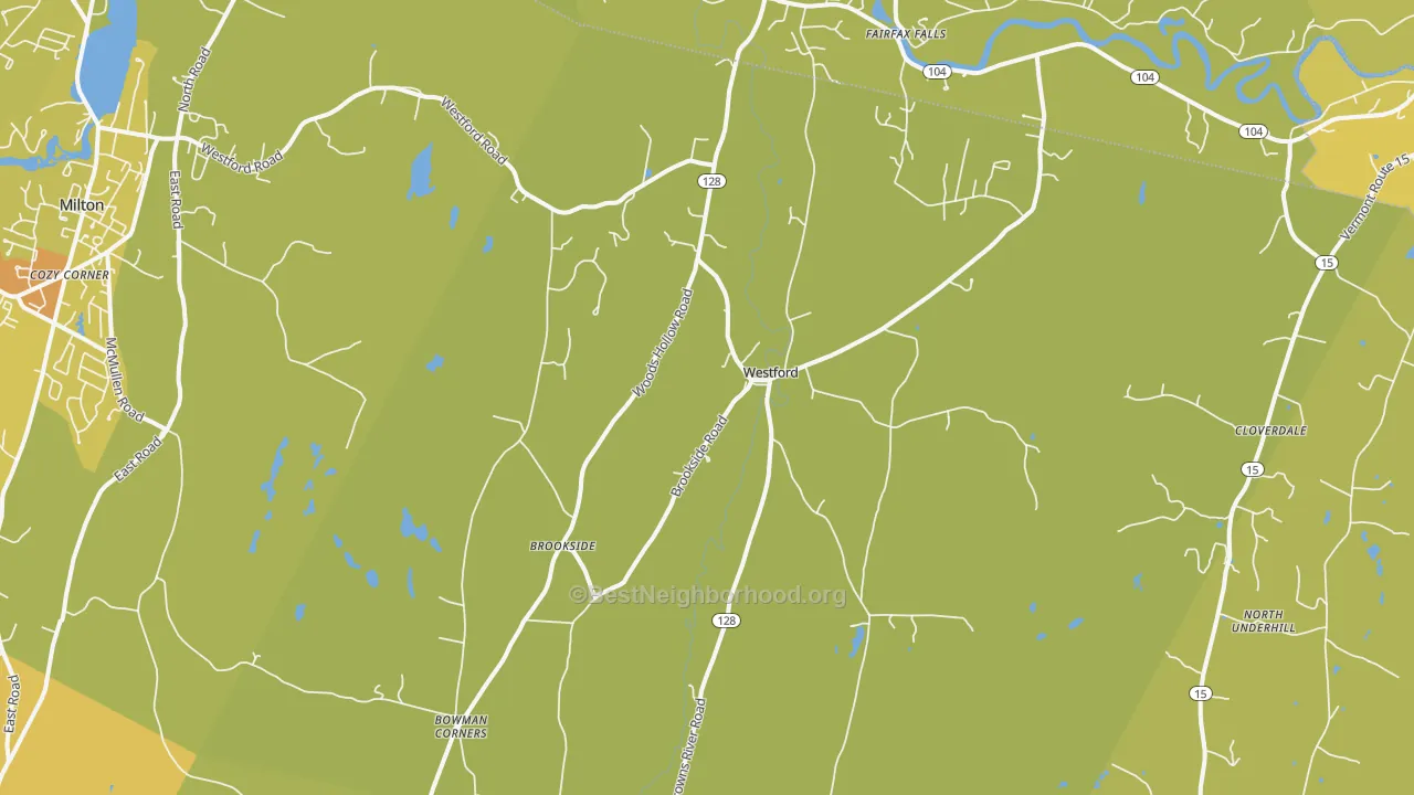 Map of the best neighborhoods in the Westford area, with better matches in green and worse matches in red