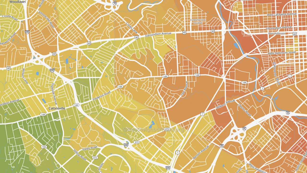 Map of the best neighborhoods in the Westgate, Baltimore area, with better matches in green and worse matches in red
