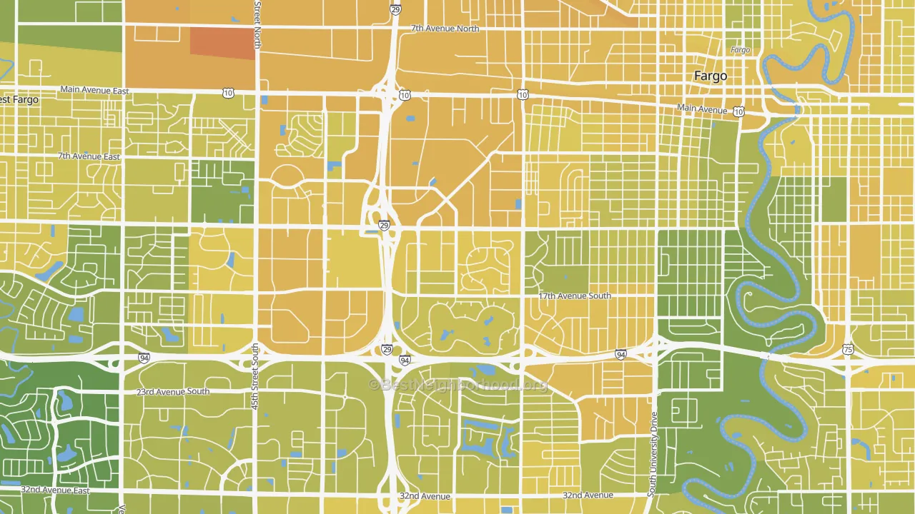 Map of the best neighborhoods in the Westgate, Fargo area, with better matches in green and worse matches in red