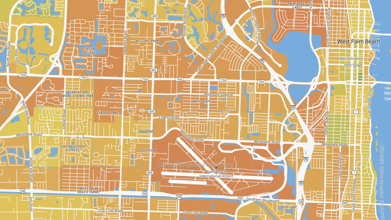 Map of the best neighborhoods in the Westgate area, with better matches in green and worse matches in red