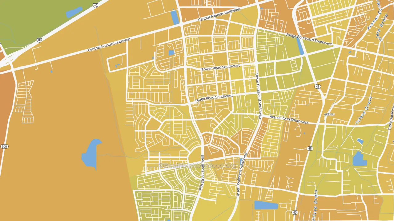 Map of the best neighborhoods in the Westgate Hts, Albuquerque area, with better matches in green and worse matches in red