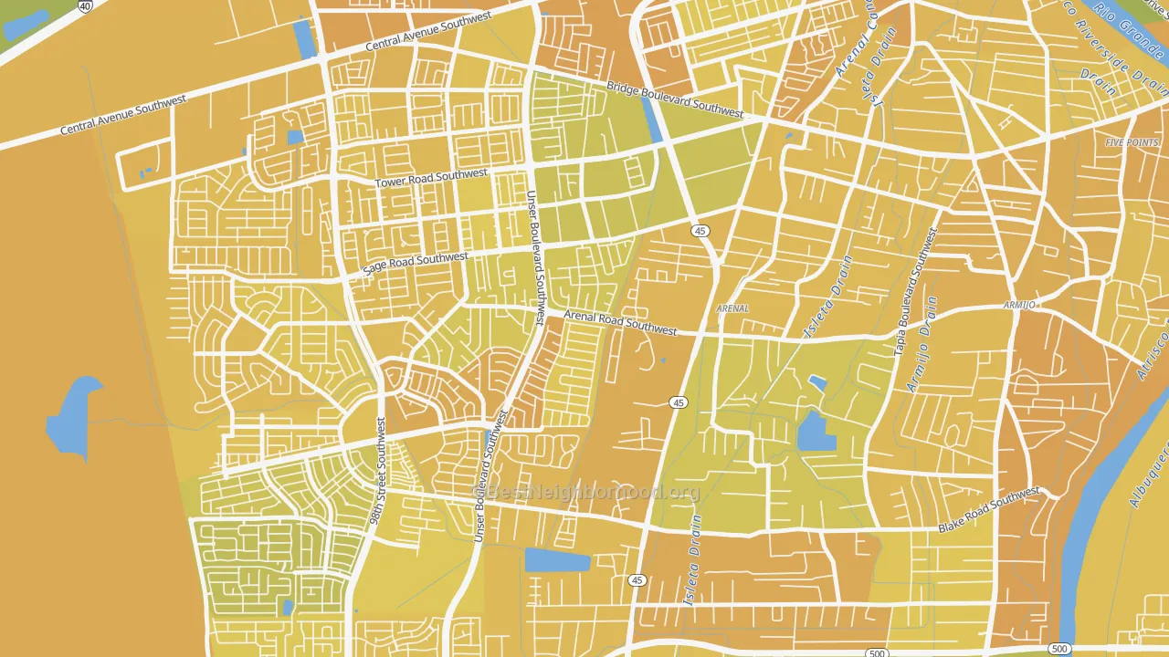 Map of the best neighborhoods in the Westgate Vecinos, Albuquerque area, with better matches in green and worse matches in red