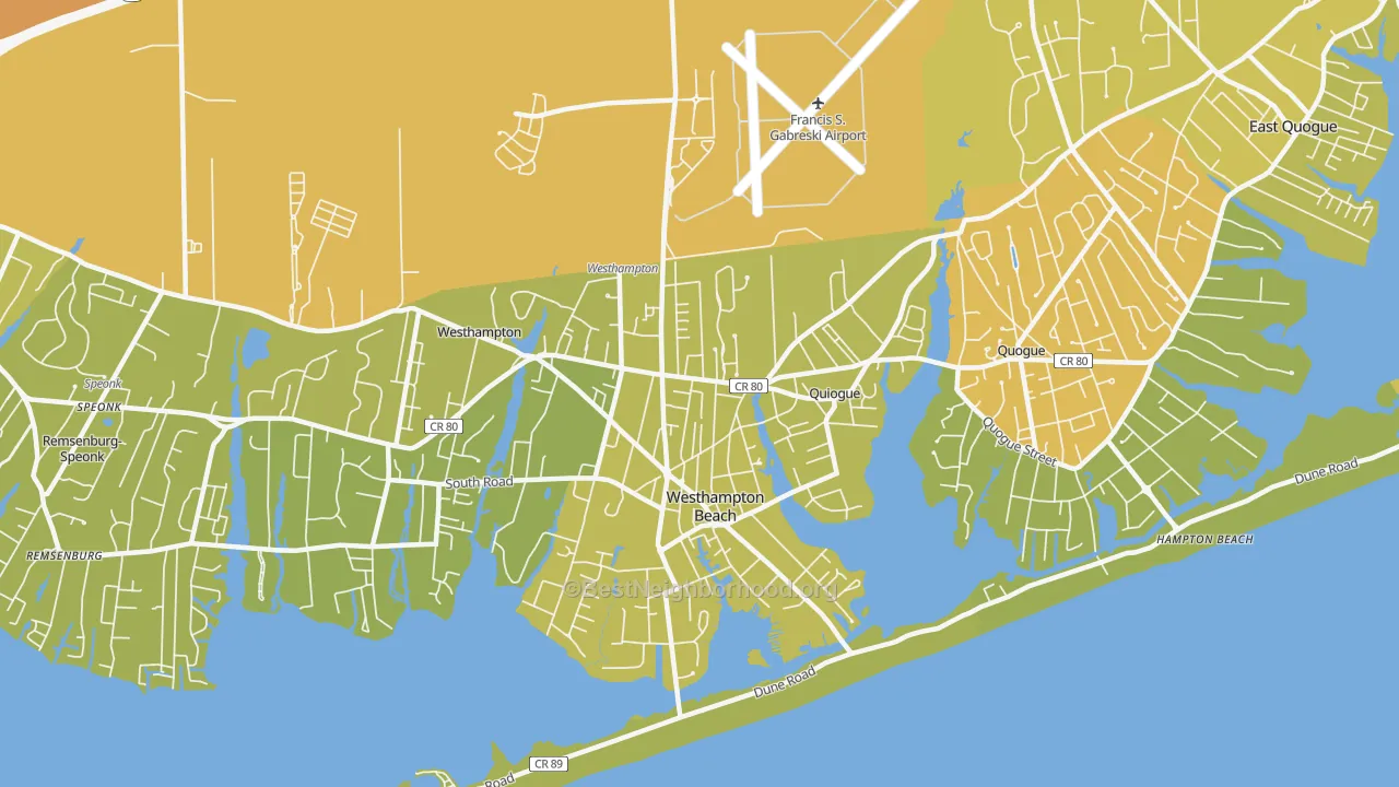 Map of the best neighborhoods in the Westhampton Beach area, with better matches in green and worse matches in red