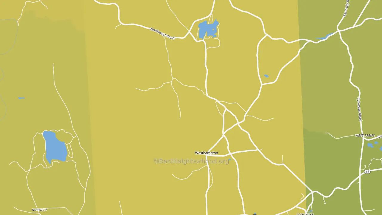 Map of the best neighborhoods in the Westhampton area, with better matches in green and worse matches in red