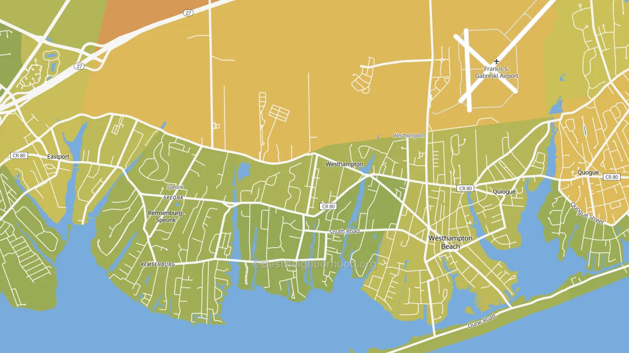Map of the best neighborhoods in the Westhampton area, with better matches in green and worse matches in red