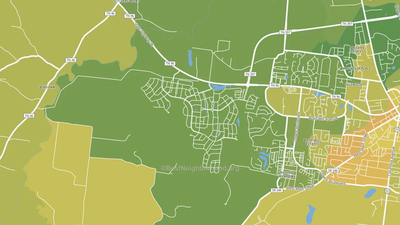 Map of the best neighborhoods in the Westhaven, Franklin area, with better matches in green and worse matches in red