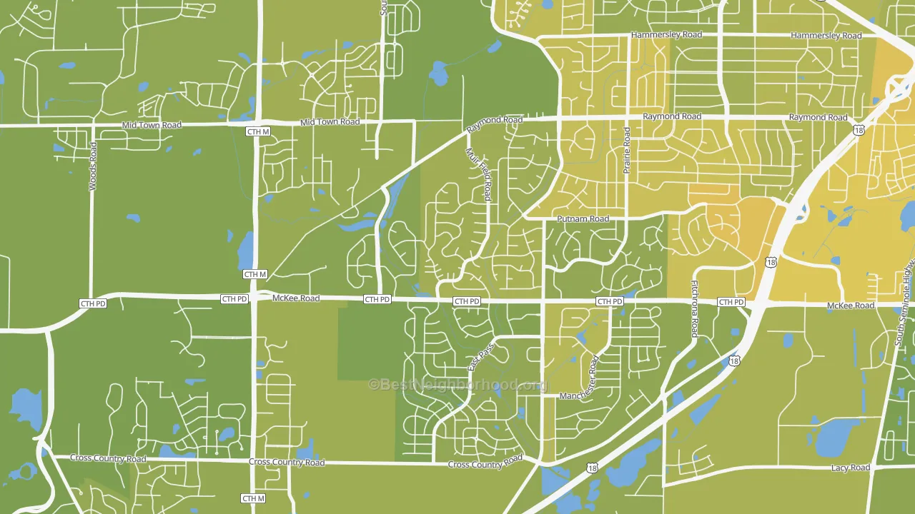 Map of the best neighborhoods in the Westhaven Trails, Madison area, with better matches in green and worse matches in red