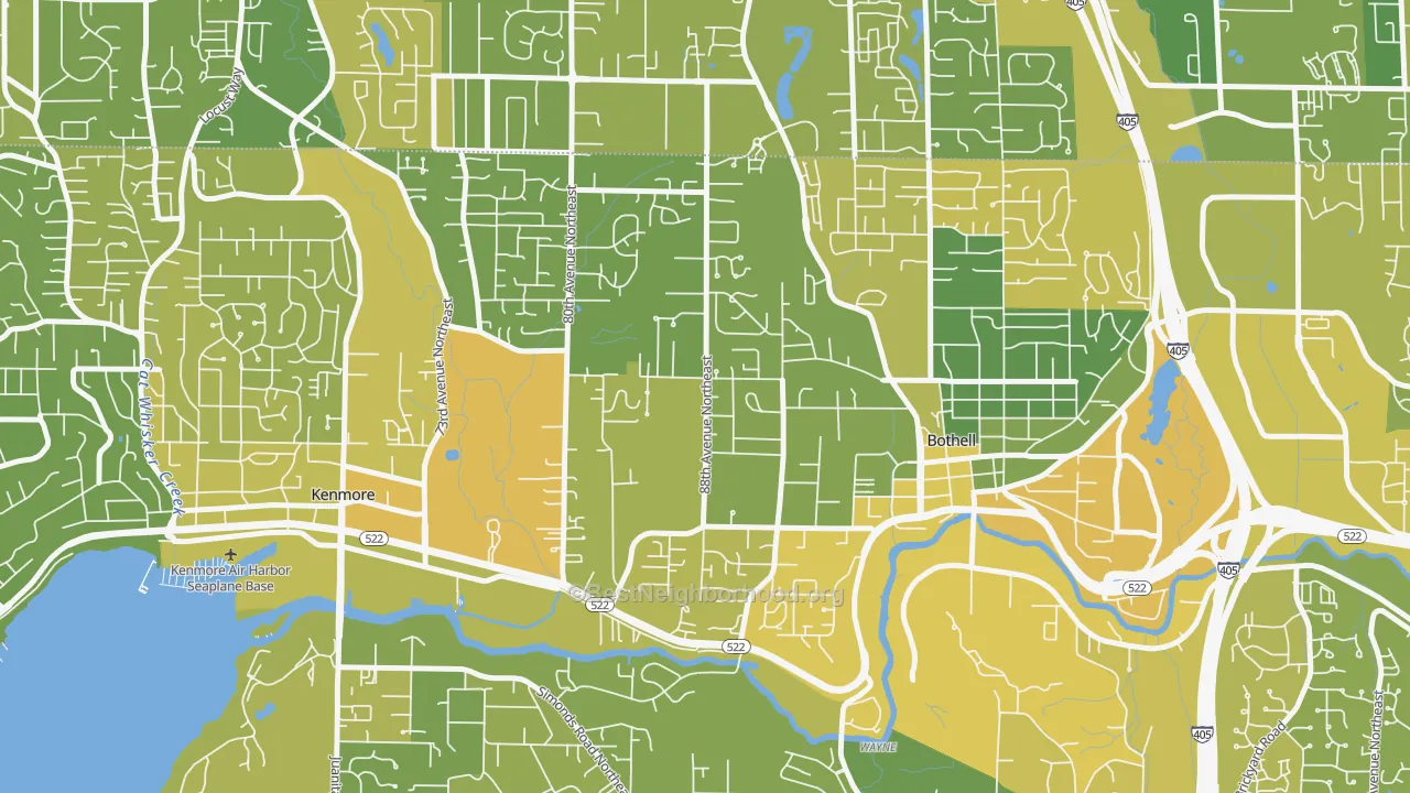 Map of the best neighborhoods in the Westhill, Bothell area, with better matches in green and worse matches in red