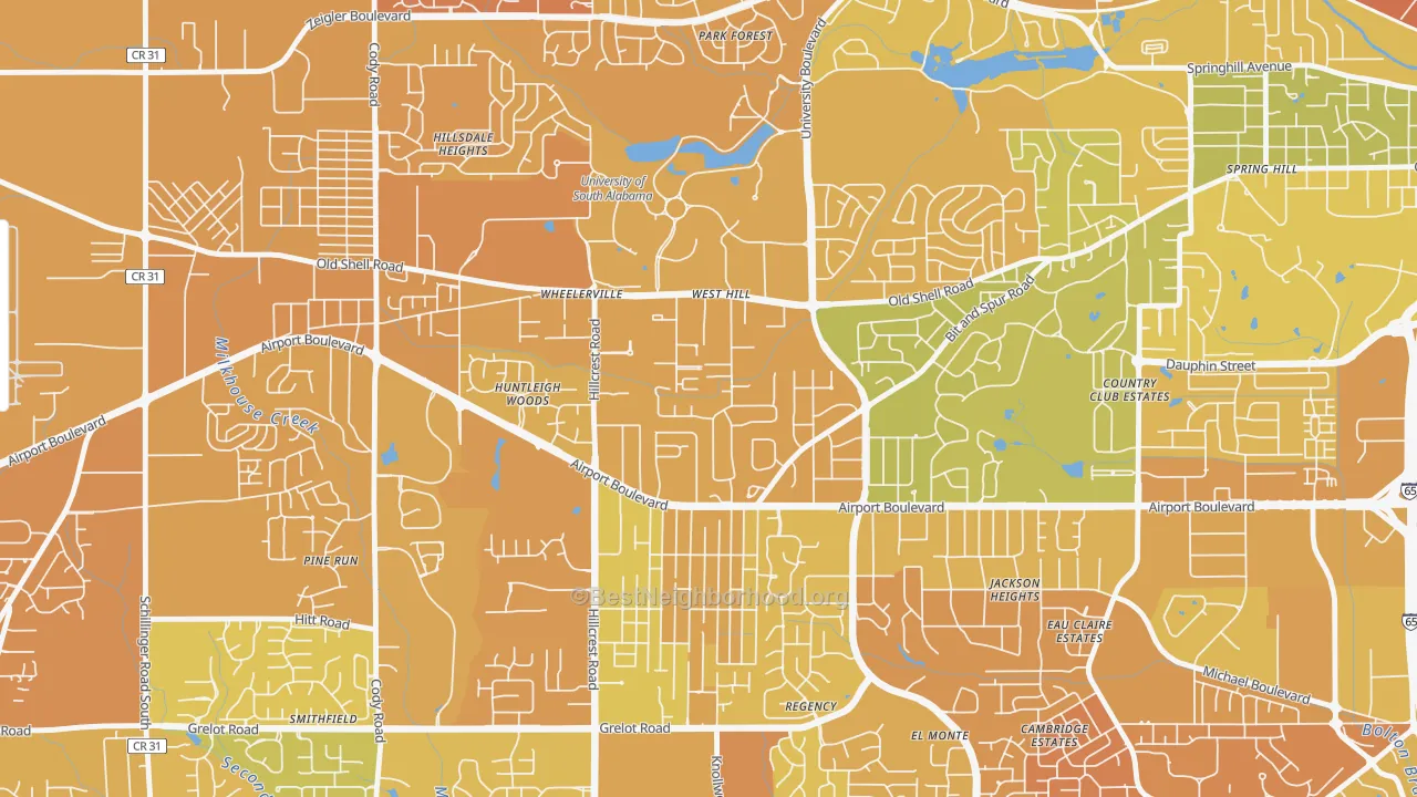 Map of the best neighborhoods in the Westhill, Mobile area, with better matches in green and worse matches in red